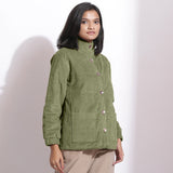 Right View of a Model wearing Sage Green Corduroy Quilted Puffer Jacket