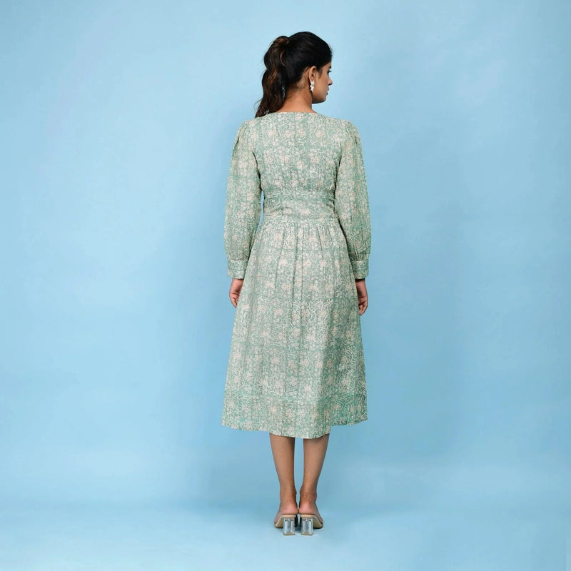 Back View of a Model wearing Sage Green Cotton Block Printed Blouson Dress