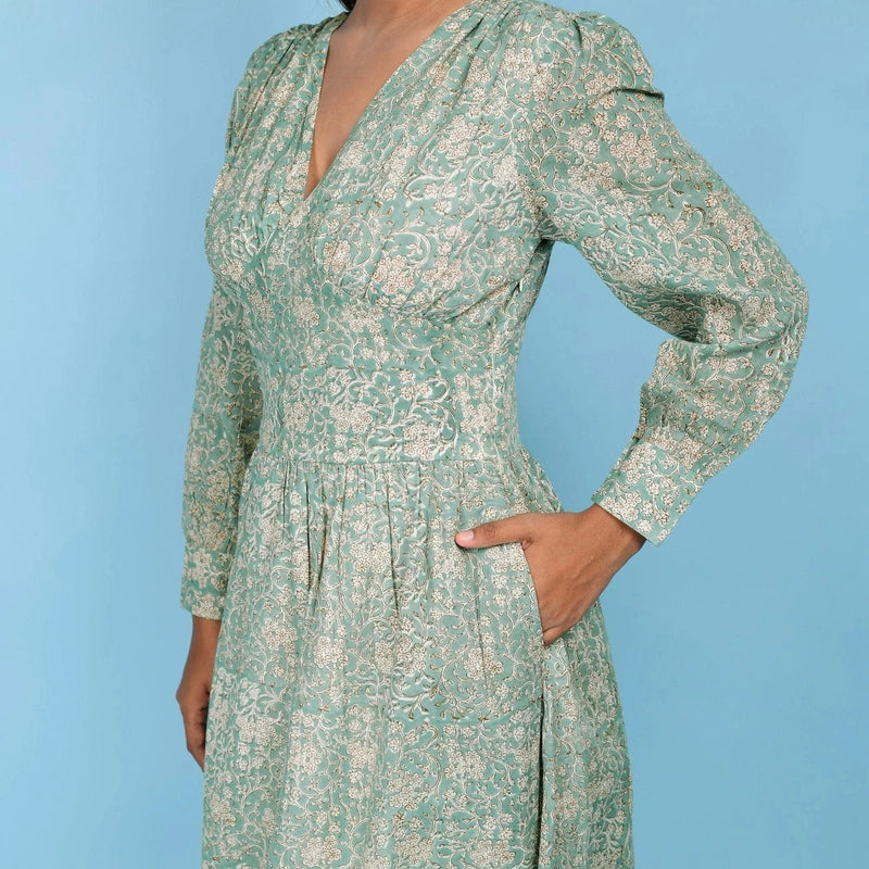 Front Detail of a Model wearing Sage Green Cotton Block Printed Blouson Dress