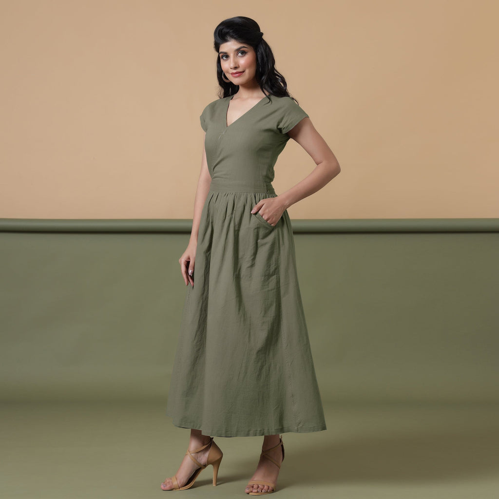 Sage Green Cotton V-Neck Maxi Wrap Dress
