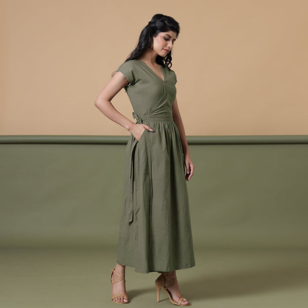 Sage Green Cotton V-Neck Maxi Wrap Dress