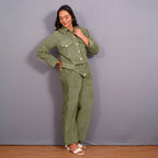 Right View of a Model wearing Sage Green Warm Cotton Corduroy Button-Down Shacket