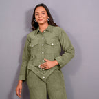 Front View of a Model wearing Sage Green Warm Cotton Corduroy Button-Down Shacket