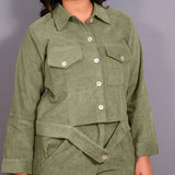 Front Detail of a Model wearing Sage Green Warm Cotton Corduroy Button-Down Shacket