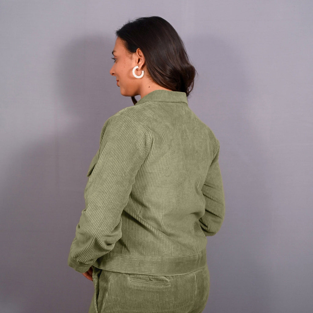 Back View of a Model wearing Sage Green Warm Cotton Corduroy Button-Down Shacket