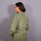 Back View of a Model wearing Sage Green Warm Cotton Corduroy Button-Down Shacket