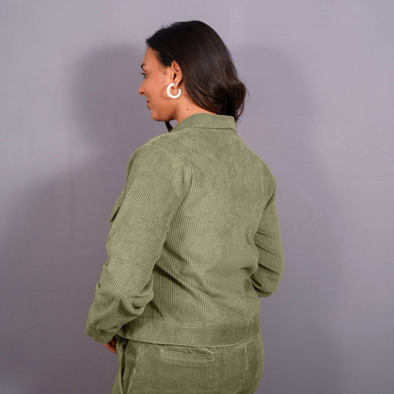 Back View of a Model wearing Sage Green Warm Cotton Corduroy Button-Down Shacket