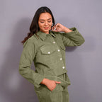 Right View of a Model wearing Sage Green Warm Cotton Corduroy Button-Down Shacket