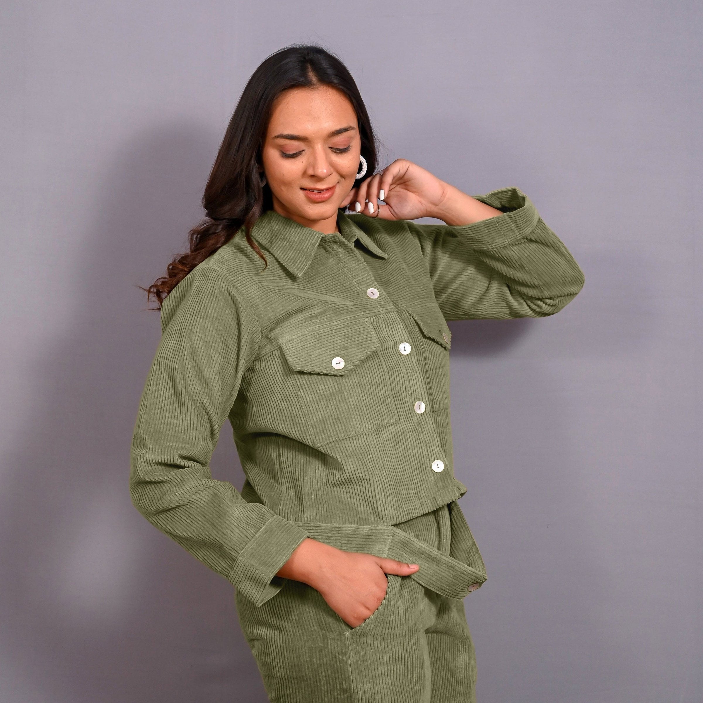 Right View of a Model wearing Sage Green Warm Cotton Corduroy Button-Down Shacket