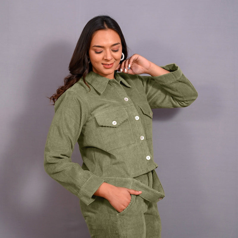 Right View of a Model wearing Sage Green Warm Cotton Corduroy Button-Down Shacket