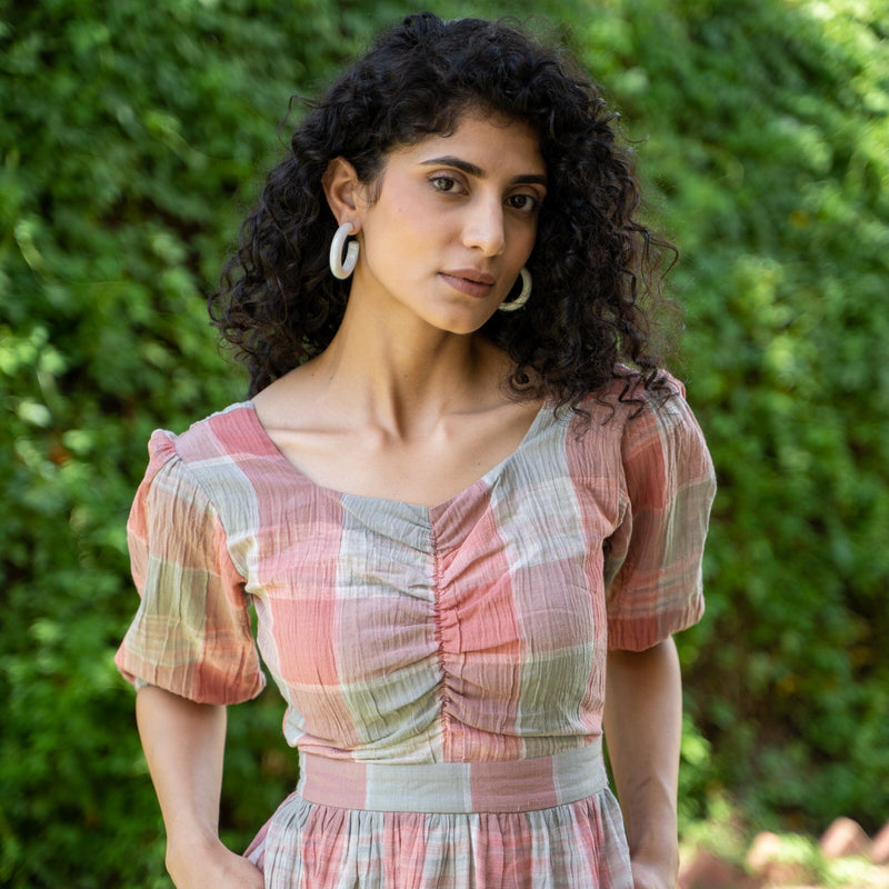 Salmon Pink Crinkled Cotton Tiered Back Cut-Out Boho Dress