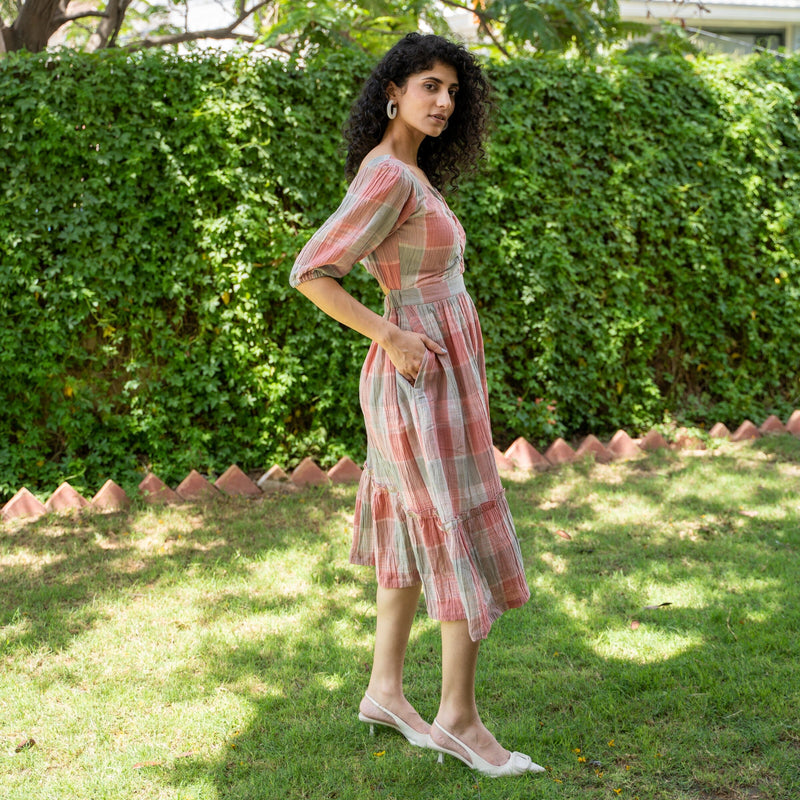 Salmon Pink Crinkled Cotton Tiered Back Cut-Out Boho Dress