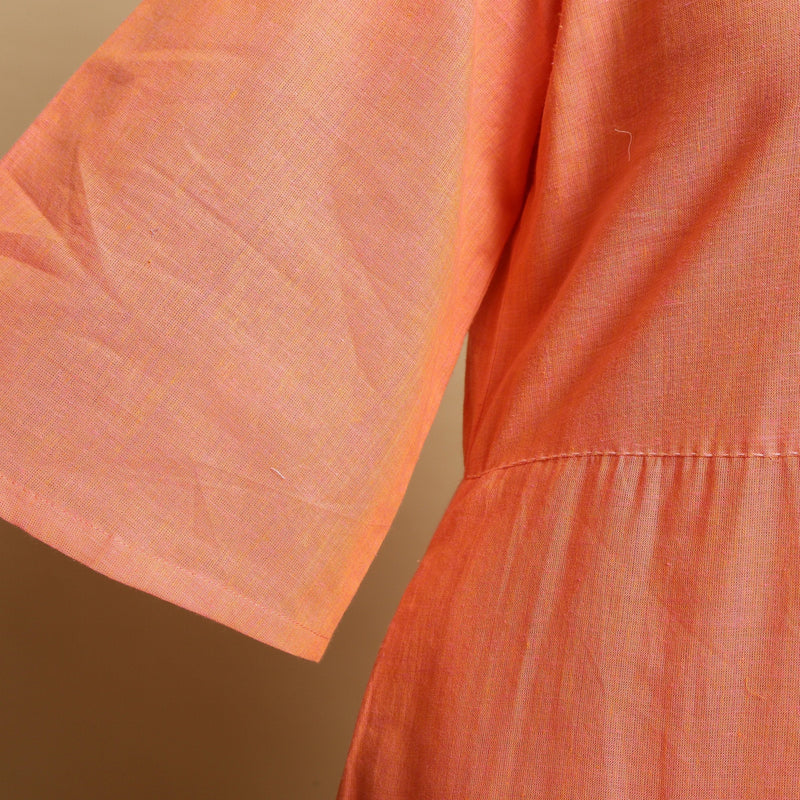 Close View of a Model wearing Salmon Pink Mangalgiri Cotton Godet Maxi Dress