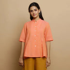 Front View of a Model wearing Salmon Pink Mangalgiri Cotton Godet Princess Line Outerwear