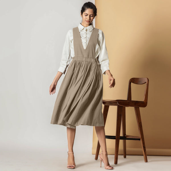 Front View of a Model wearing Sand Beige Cotton Flax Pinafore Midi Wrap Dress