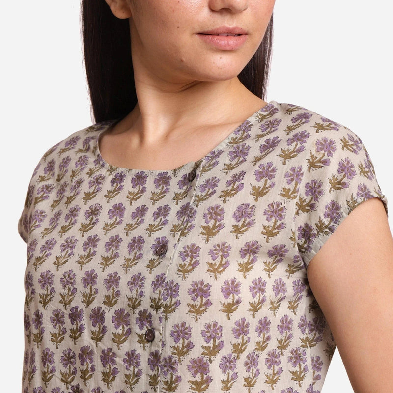 Left Detail of a Model wearing Sanganeri Print Short Asymmetric Blouse