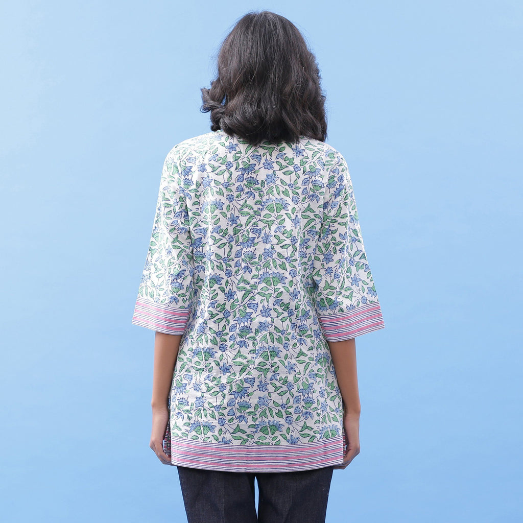 Front View of a Model wearing Sanganeri Hand Block Printed Blue Kurti Top