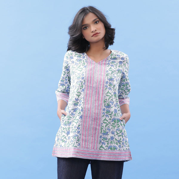 Front View of a Model wearing Sanganeri Hand Block Printed Blue Kurti Top