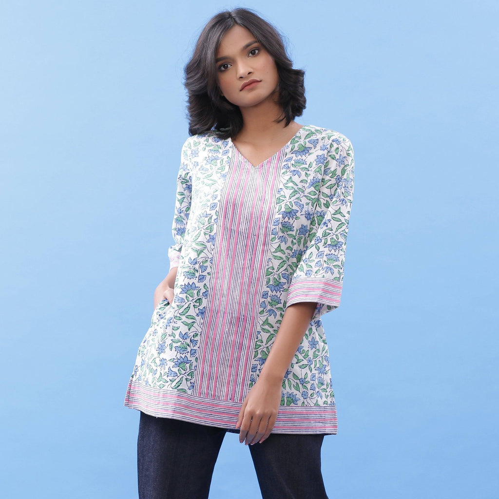 Front View of a Model wearing Sanganeri Hand Block Printed Blue Kurti Top
