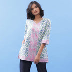 Front View of a Model wearing Sanganeri Hand Block Printed Blue Kurti Top