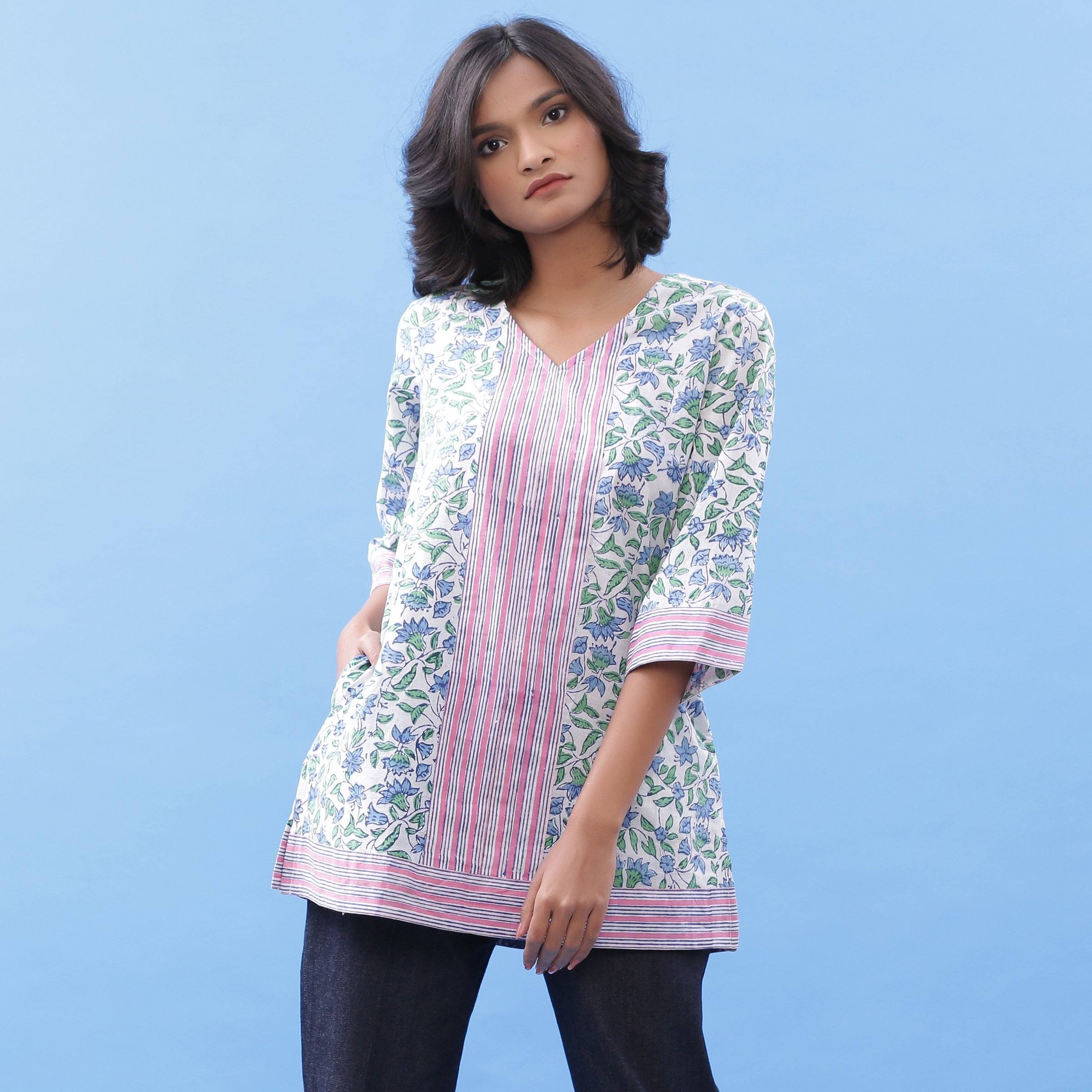 Front View of a Model wearing Sanganeri Hand Block Printed Blue Kurti Top