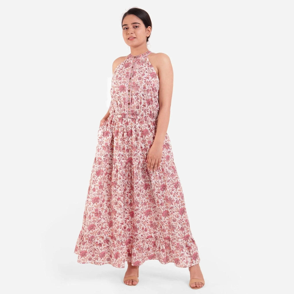 Left View of a Model wearing Peach Tiered Cotton Halter Neck Dress