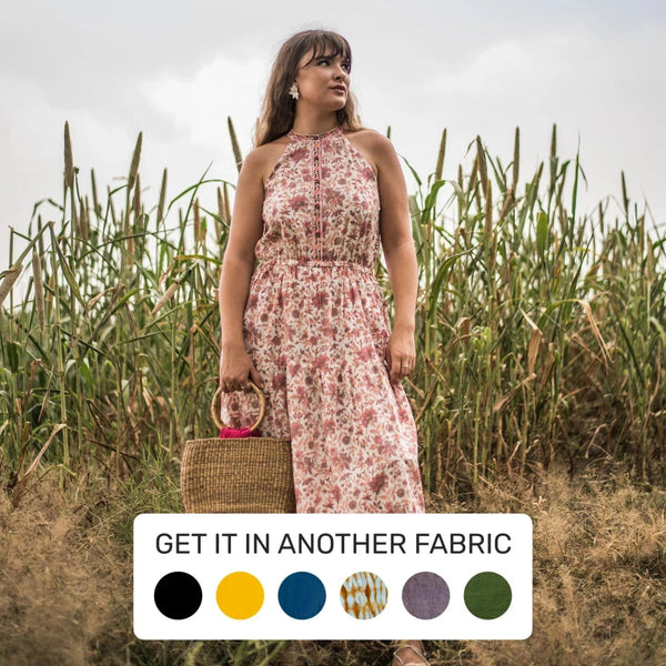 Front View of a Model wearing Peach Tiered Cotton Halter Neck Dress