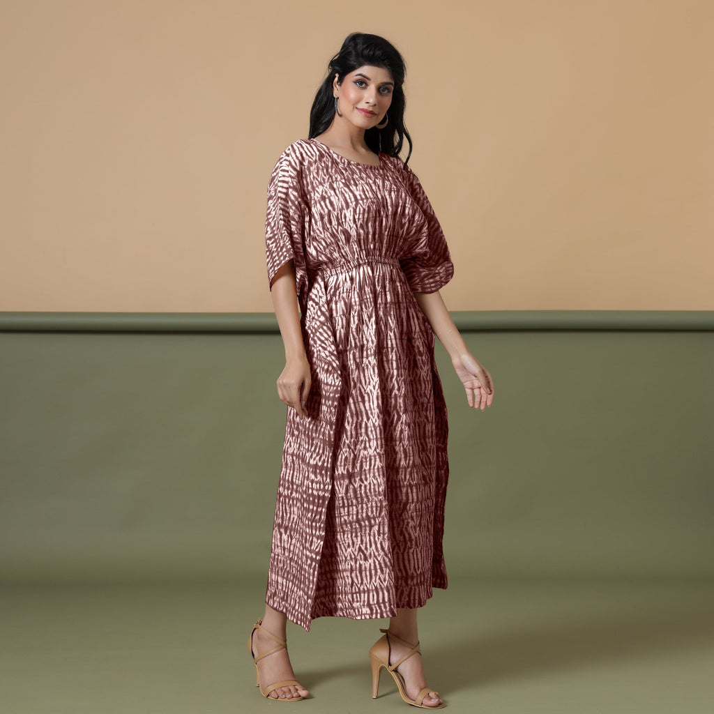 Front View of a Model wearing Sangria Wine Shibori Kaftan Dress