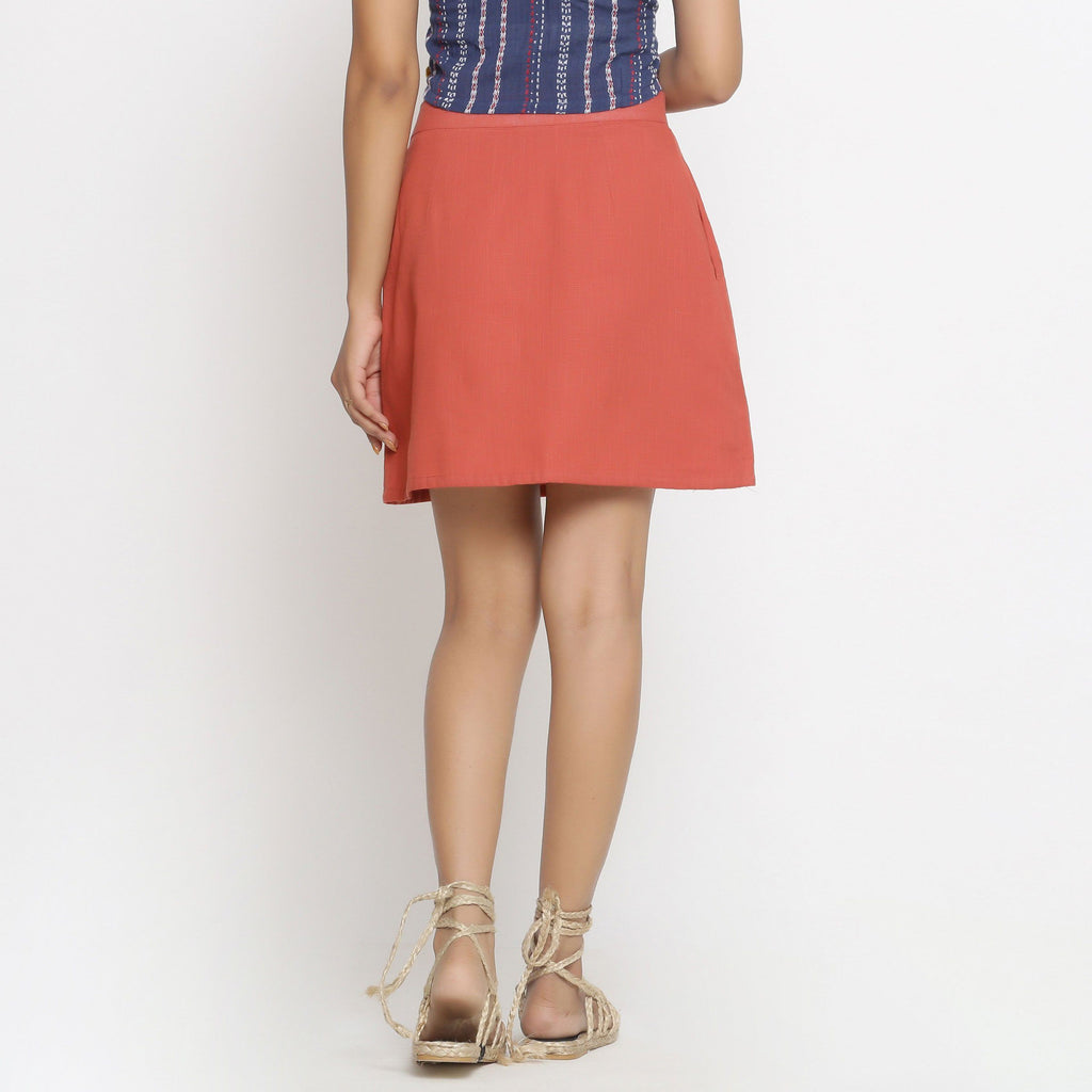 Back View of a Model wearing Brick Red Cotton Short A-Line Skirt