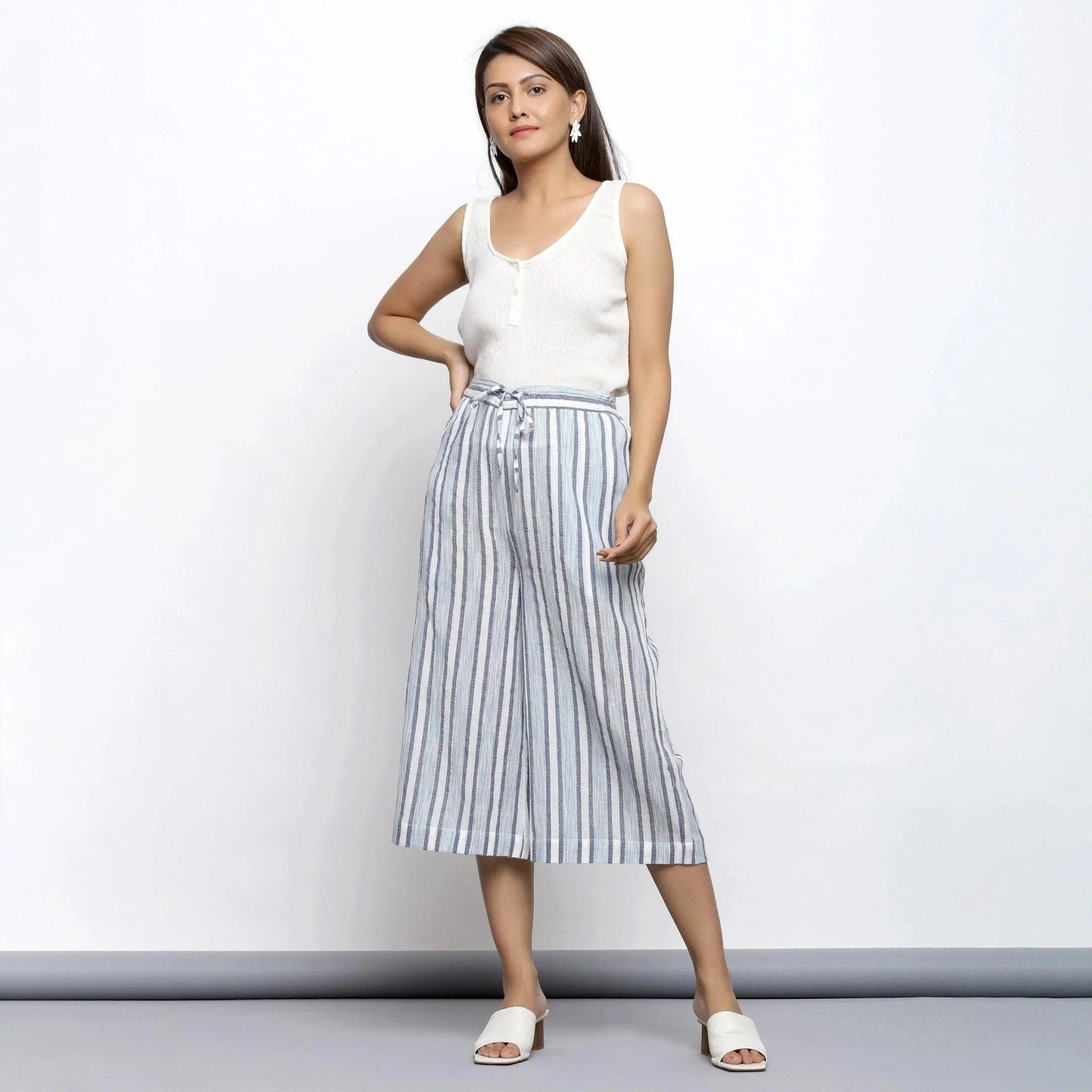Front View of a Model Wearing Sky Blue Yarn Dyed Cotton Culottes