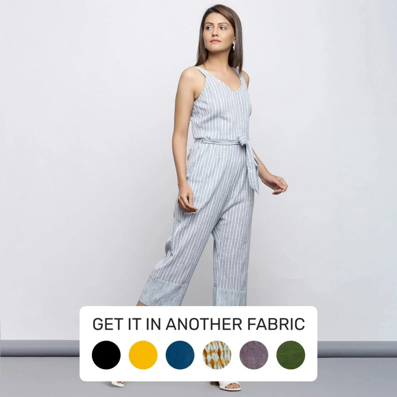 Right View of a Model wearing Crinkled Cotton Straight Fit Jumpsuit