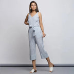 Left View of a Model wearing Crinkled Cotton Straight Fit Jumpsuit