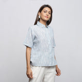 Right View of a Model wearing Sky Blue Yarn Dyed Button-Down Shirt