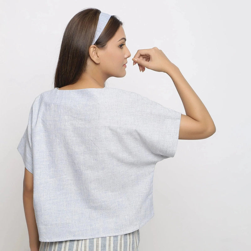 Back View of a Model wearing V-Neck Handspun Cotton Straight-Fit Top