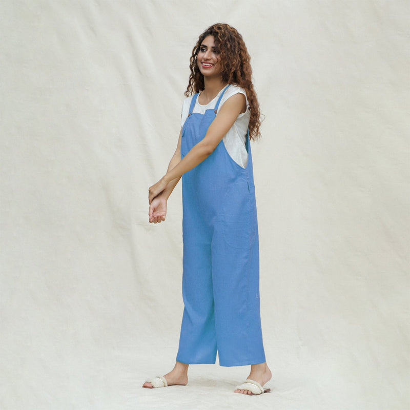 Slate Blue 100% Cotton Ankle Length Dungaree Jumpsuit