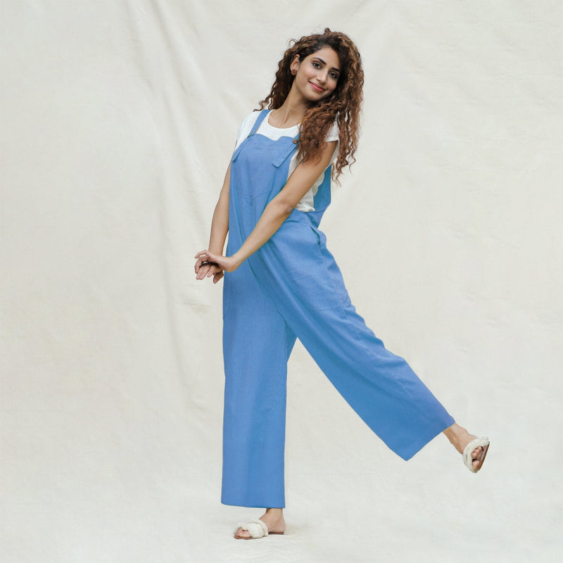 Slate Blue 100% Cotton Ankle Length Dungaree Jumpsuit