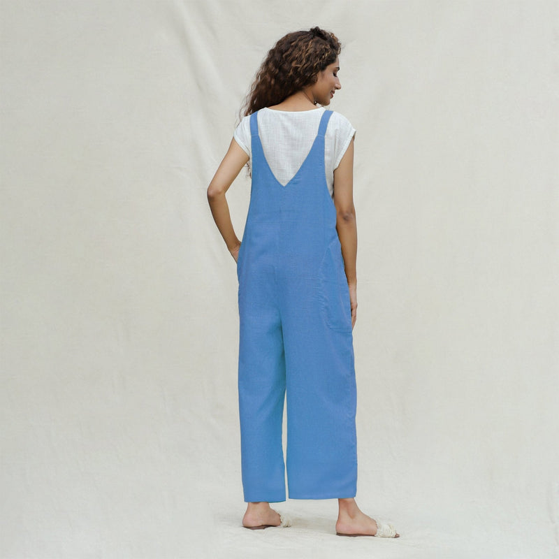 Slate Blue 100% Cotton Ankle Length Dungaree Jumpsuit