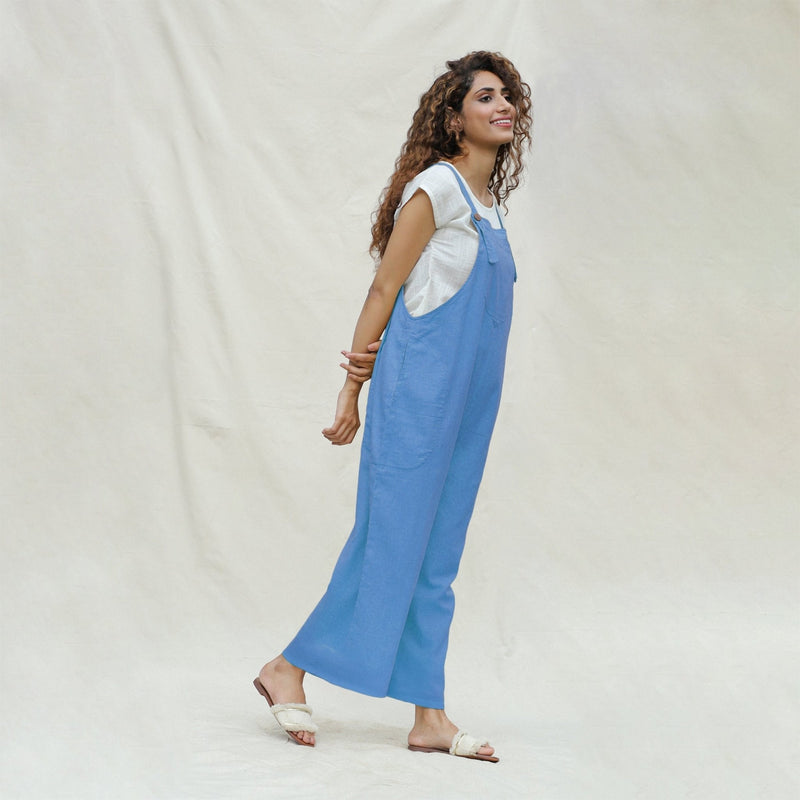 Slate Blue 100% Cotton Ankle Length Dungaree Jumpsuit