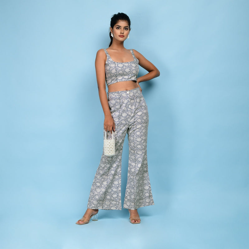 Front View of a Model wearing Block Printed Slate Blue Cotton Bootcut Pant