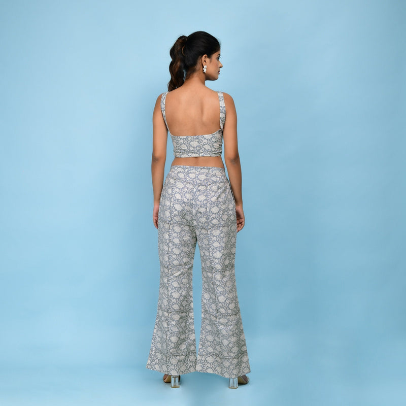 Back View of a Model wearing Block Printed Slate Blue Cotton Bootcut Pant