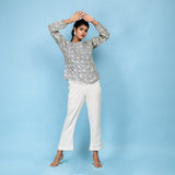 Front View of a Model wearing Slate Blue Block Printed Cotton Straight Top