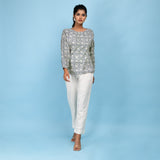 Front View of a Model wearing Slate Blue Block Printed Cotton Straight Top