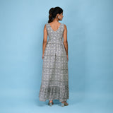 Back View of a Model wearing Slate Blue Block Printed Floor Length Cotton Dress