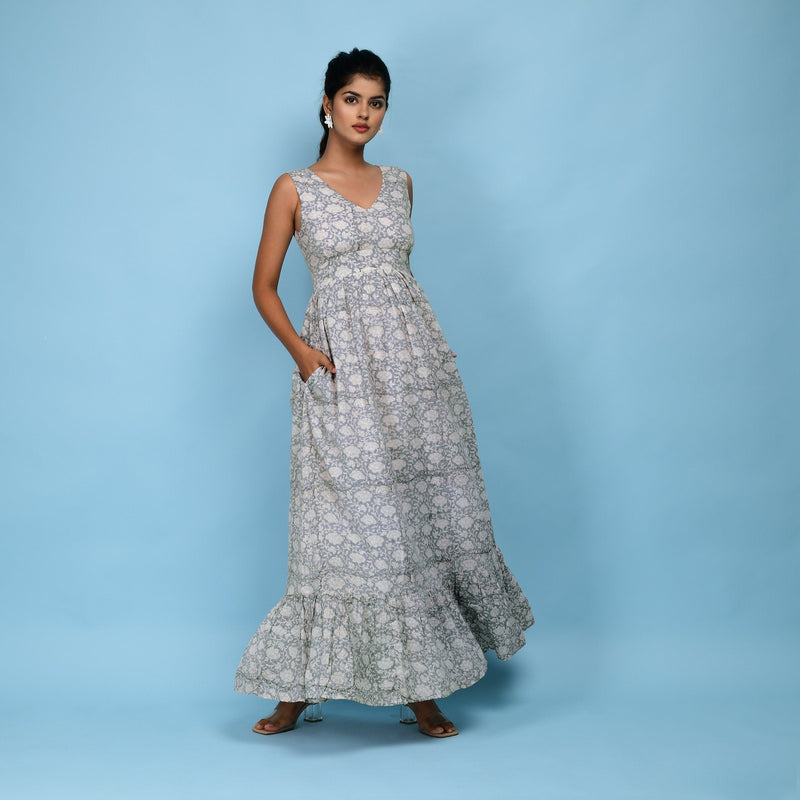 Right View of a Model wearing Slate Blue Block Printed Floor Length Cotton Dress