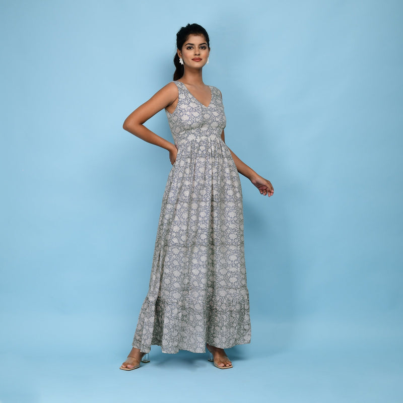 Front View of a Model wearing Slate Blue Block Printed Floor Length Cotton Dress