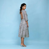 Back View of a Model wearing Slate Blue Block Printed Cotton Midi Dress