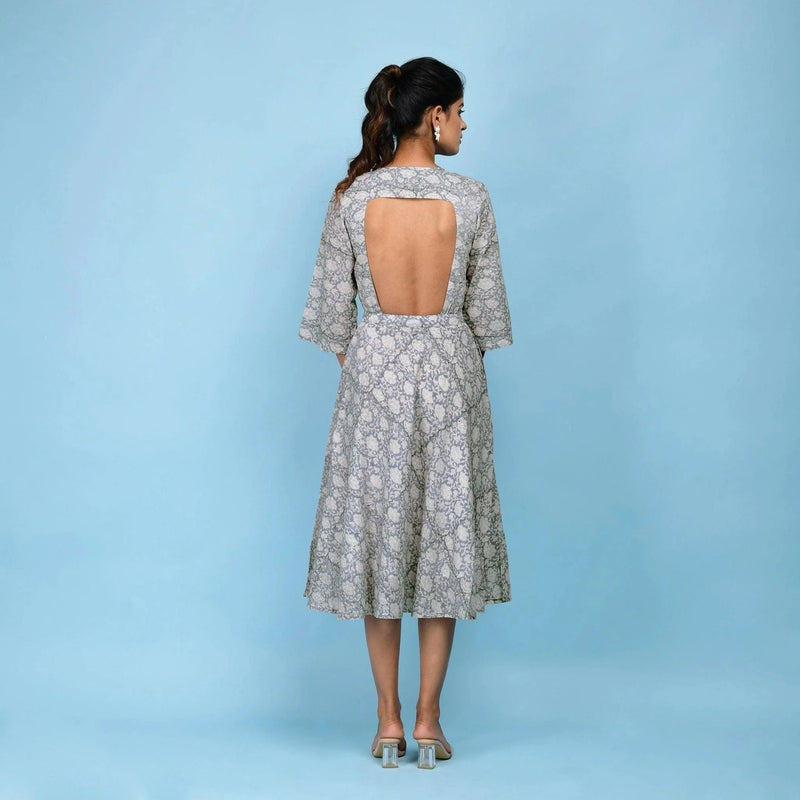 Back View of a Model wearing Slate Blue Block Printed Cotton Midi Dress