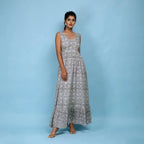 Front View of a Model wearing Slate Blue Block Printed Floor Length Cotton Dress