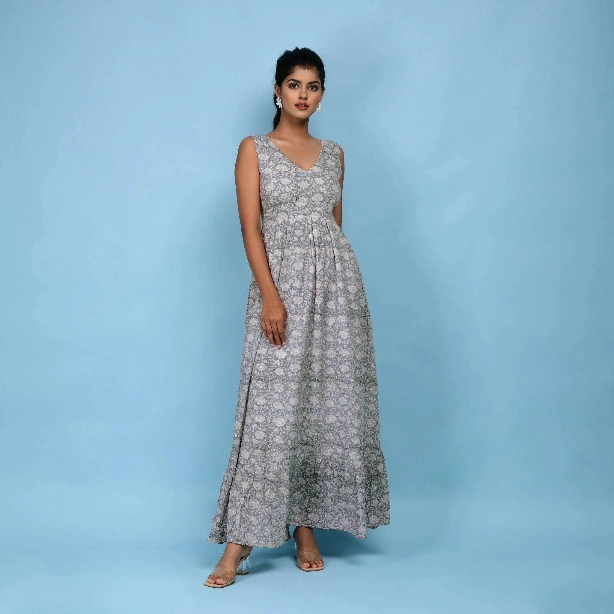 Front View of a Model wearing Slate Blue Block Printed Floor Length Cotton Dress