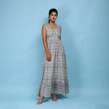 Front View of a Model wearing Slate Blue Block Printed Floor Length Cotton Dress